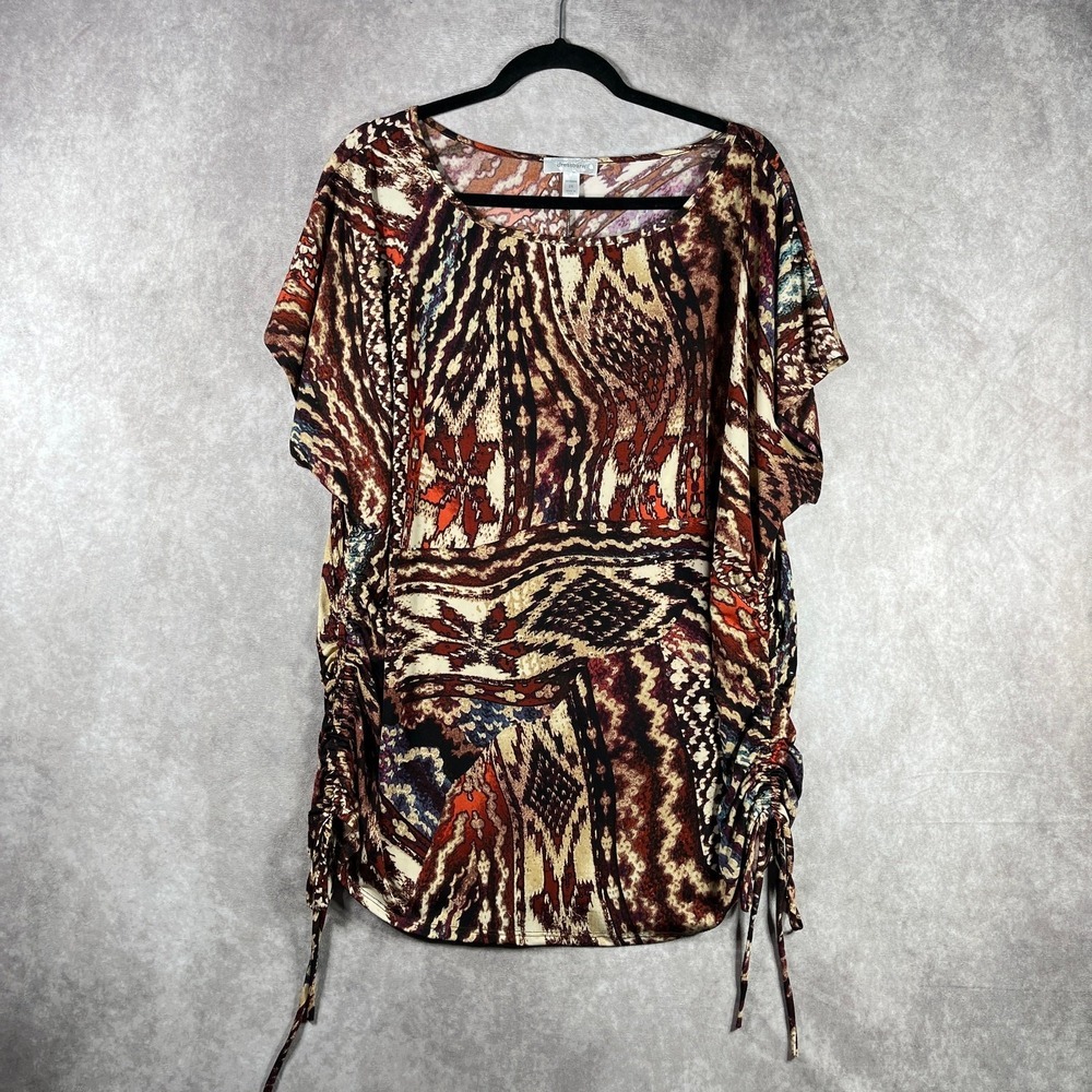 Dressbarn Top Womens‎ 2X Brown Aztec Print Sequins Short Sleeves Western Cowgirl